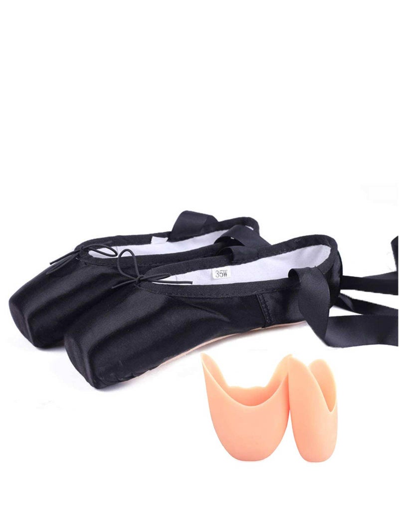 Daydance Black Girls Pointe Shoes for Women, Ribbon Ballet Shoes with Toe Pads, 4 Big Kids - Image 2